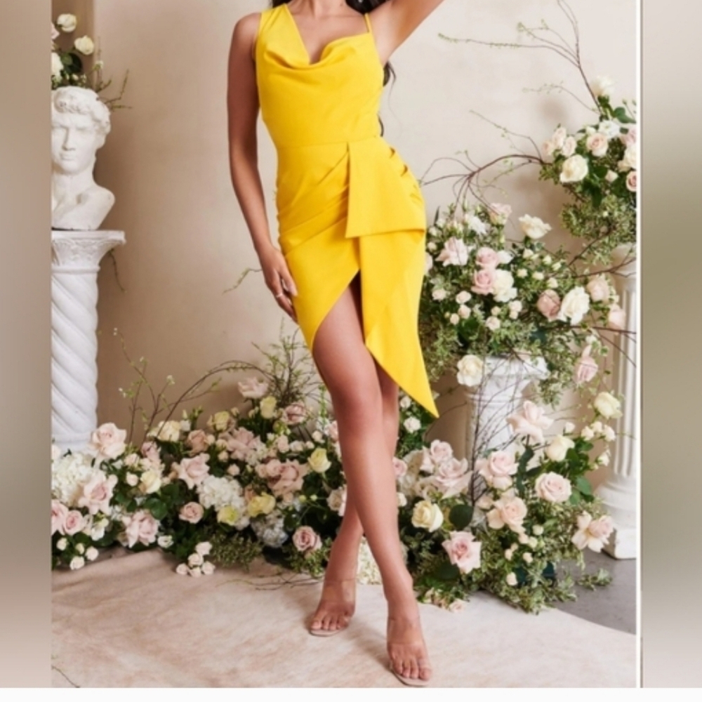 Lavish Alice Emma Cowl  Neck Wrap Mustard Asymmetrical Dress Size 10